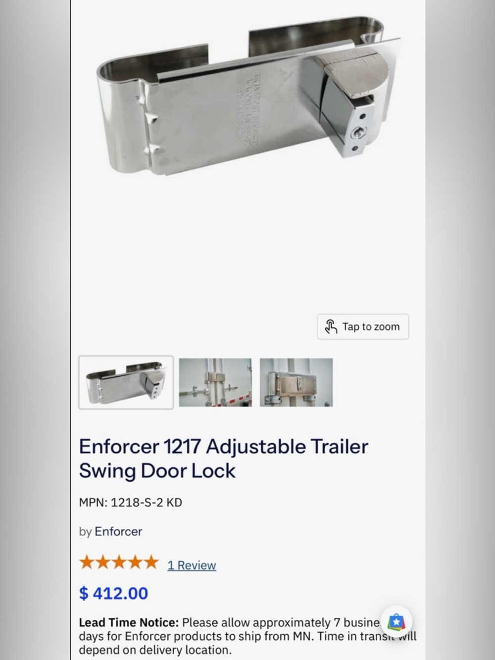 Enforcer 1217 Adjustable Trailer Swing Door Lock - Stainless Silver